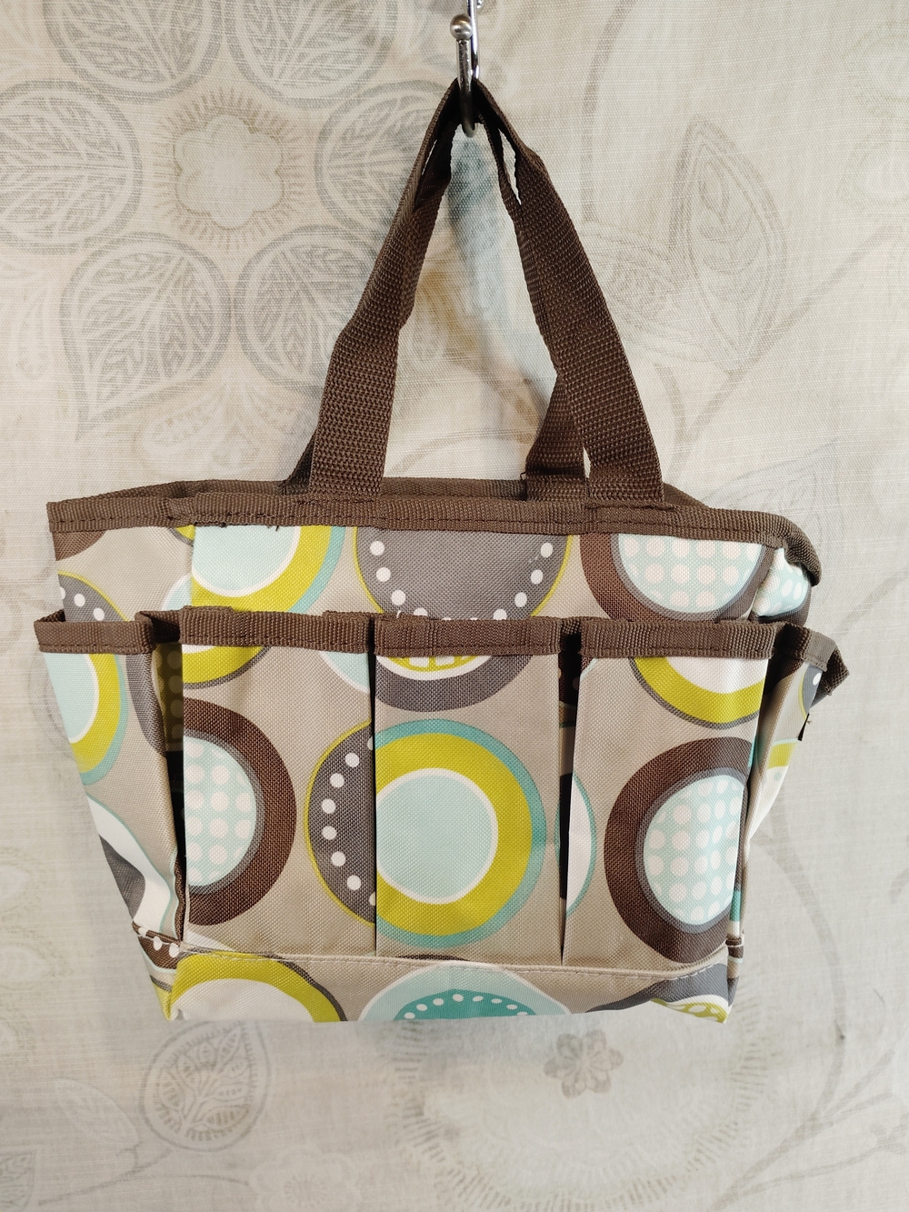 thirty-one Brown Mini Organizer Bag with Aqua and Lime Circles